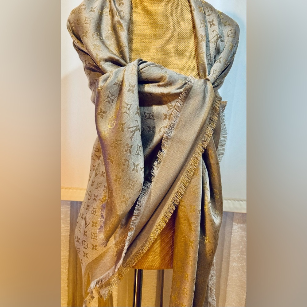Louis Vuitton Gold and Gray 54”x54” fabulous silk blend scarf, black label